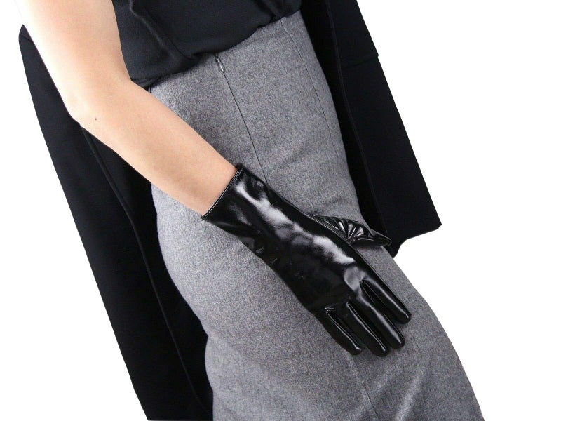 DooWay Black Latex Women Short Gloves 11-inch 28cm Shine PU Leather Faux Patent Everyday Fashion Warm Gold Weather Gloves - Image 3